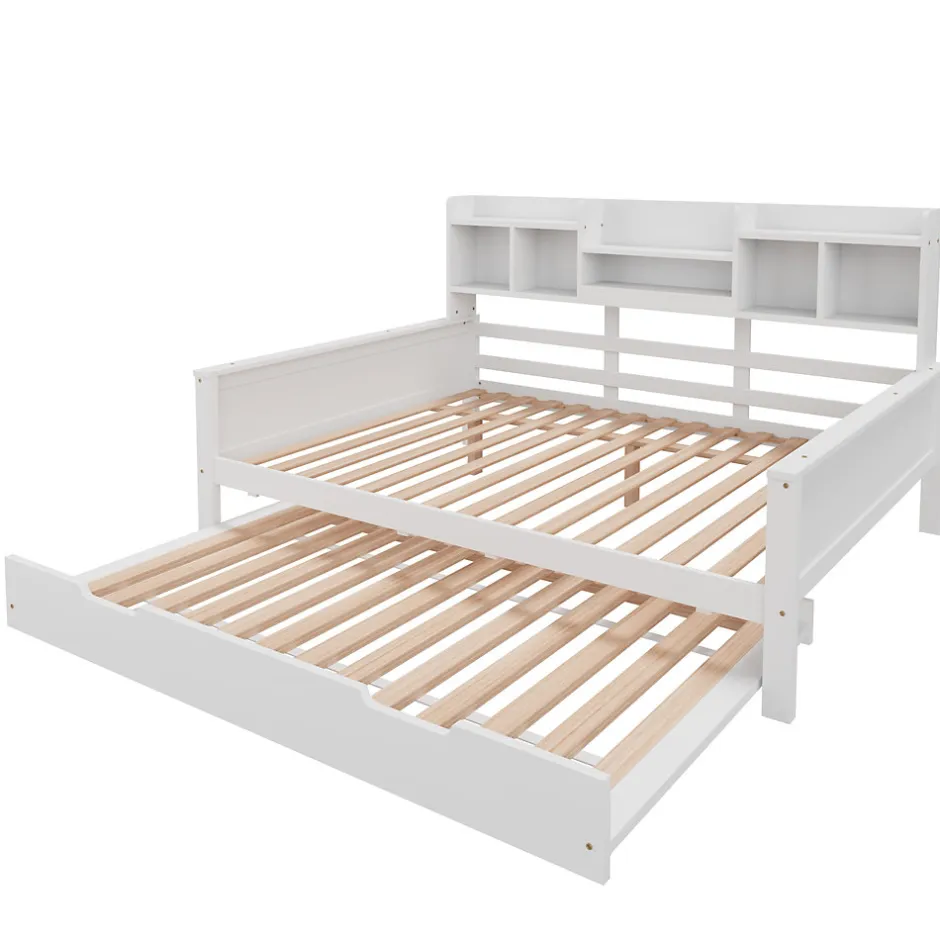 Okwish Lit Gigogne 90x190/140x200 cm avec Lit Tiroir et Tiroirs de Rangement, Bois Blanc, Sommier À Lattes pour Chambre enfant, Blanc
