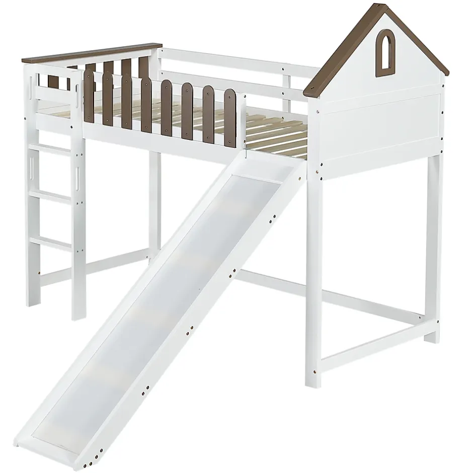 Fortuna lai Lit haut 90x200 cm avec toit, fenêtres, échelle 3 marches, sécurité, cadre bois, blanc Discount