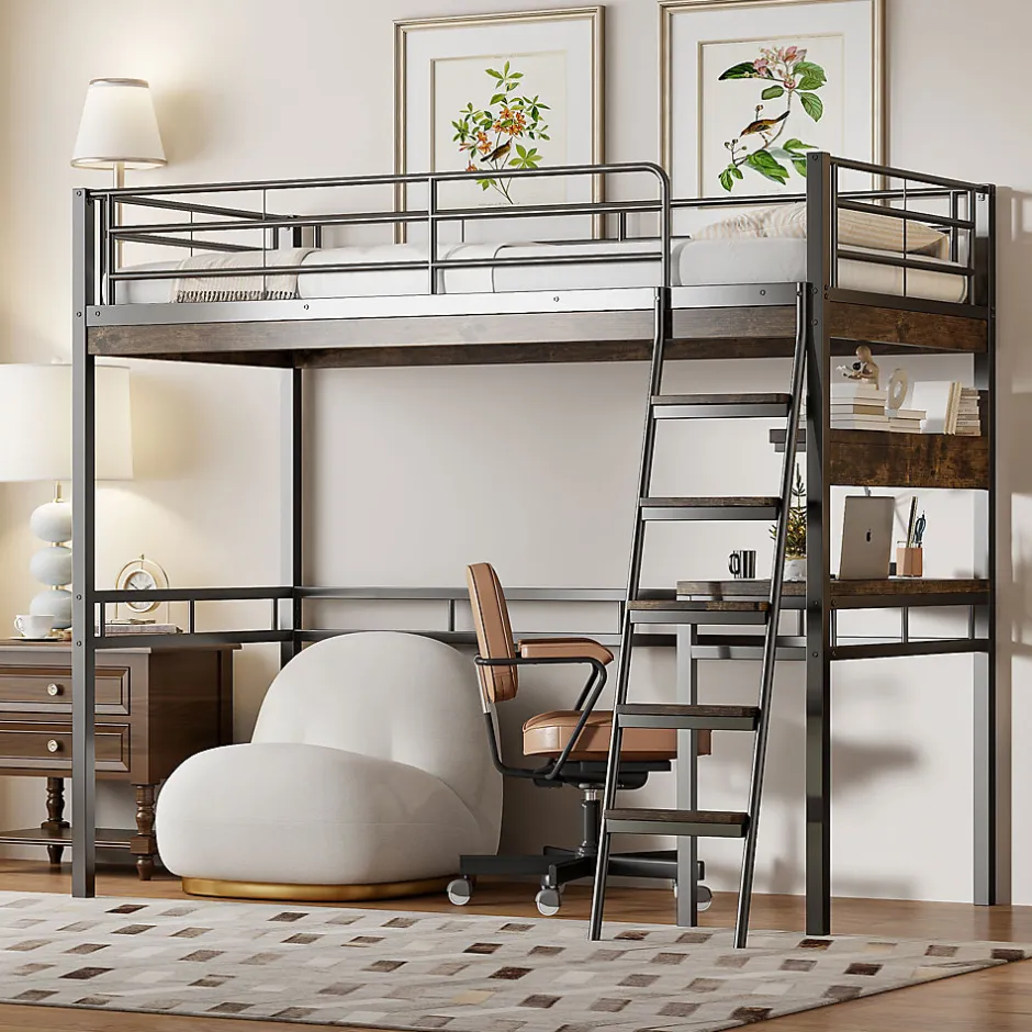 Enfant Fortuna lai Lit Haut 90x200cm, Bureau, Rangement, Échelle, Métal, Noir