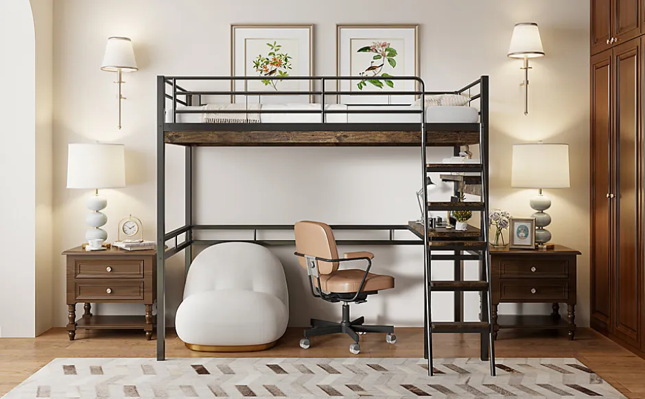 Enfant Fortuna lai Lit Haut 90x200cm, Bureau, Rangement, Échelle, Métal, Noir
