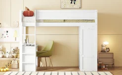 Enfant Fortuna lai Lit Haut 90x200cm, Lit pour Enfant avec Bureau, Armoire, Blanc