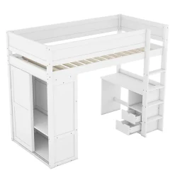 Enfant Fortuna lai Lit Haut 90x200cm, Lit pour Enfant avec Bureau, Armoire, Blanc