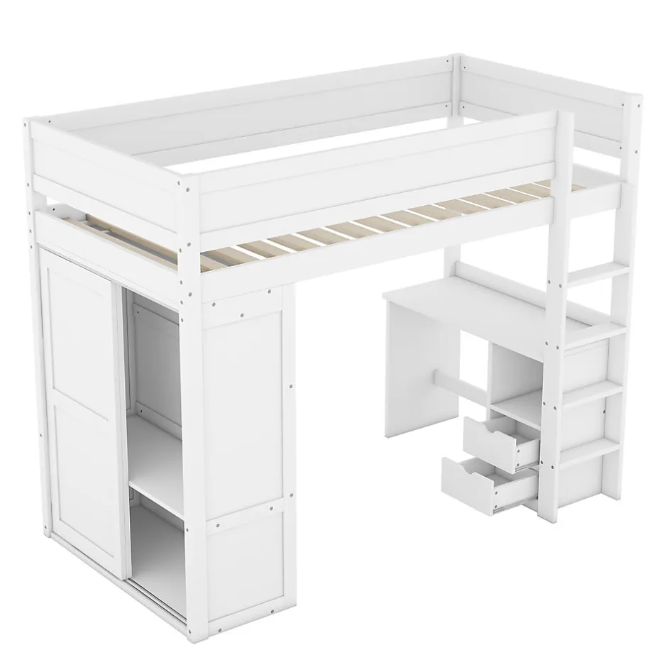 Enfant Fortuna lai Lit Haut 90x200cm, Lit pour Enfant avec Bureau, Armoire, Blanc