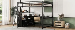 Enfant Fortuna lai Lit Haut 140x200cm, Métal, Bureau, Rangement, Échelle, Sans Matelas, Noir