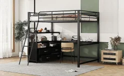 Enfant Fortuna lai Lit Haut 140x200cm, Métal, Bureau, Rangement, Échelle, Sans Matelas, Noir