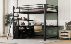 Enfant Fortuna lai Lit Haut 140x200cm, Métal, Bureau, Rangement, Échelle, Sans Matelas, Noir