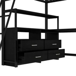 Enfant Fortuna lai Lit Haut 140x200cm, Métal, Bureau, Rangement, Échelle, Sans Matelas, Noir
