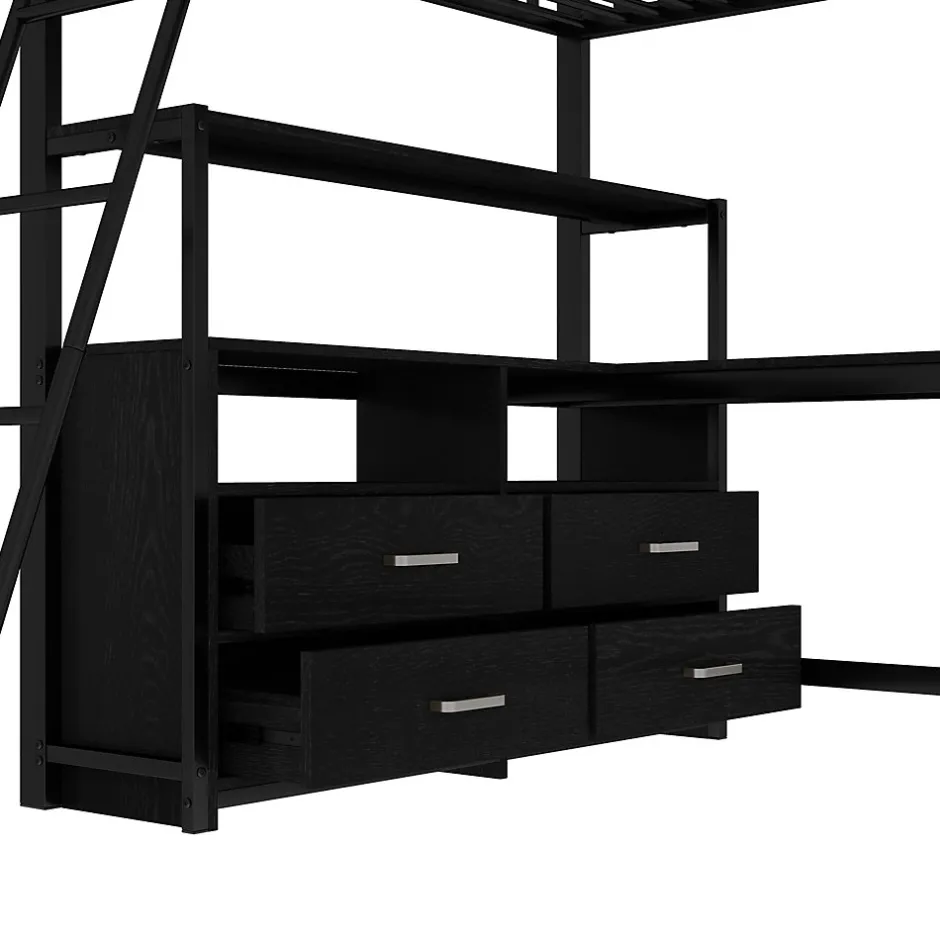 Enfant Fortuna lai Lit Haut 140x200cm, Métal, Bureau, Rangement, Échelle, Sans Matelas, Noir