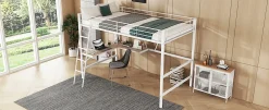 Enfant Fortuna lai Lit Haut 90x200cm, Métal, Bureau L, Rangement, Sans Matelas, Blanc