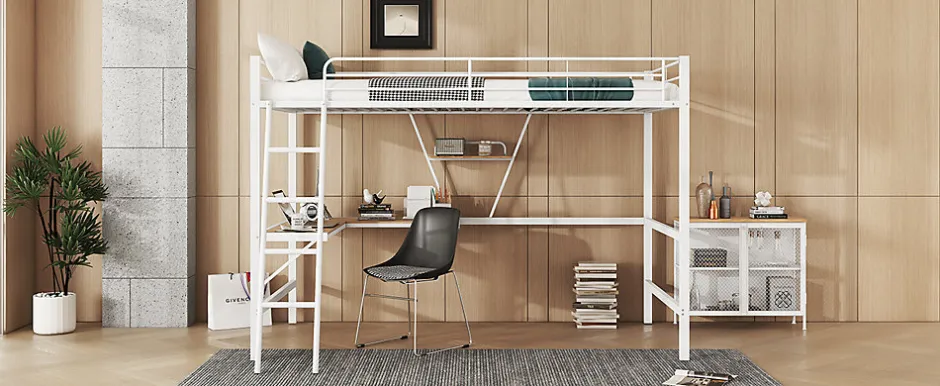 Enfant Fortuna lai Lit Haut 90x200cm, Métal, Bureau L, Rangement, Sans Matelas, Blanc