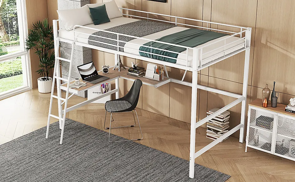 Enfant Fortuna lai Lit Haut 90x200cm, Métal, Bureau L, Rangement, Sans Matelas, Blanc
