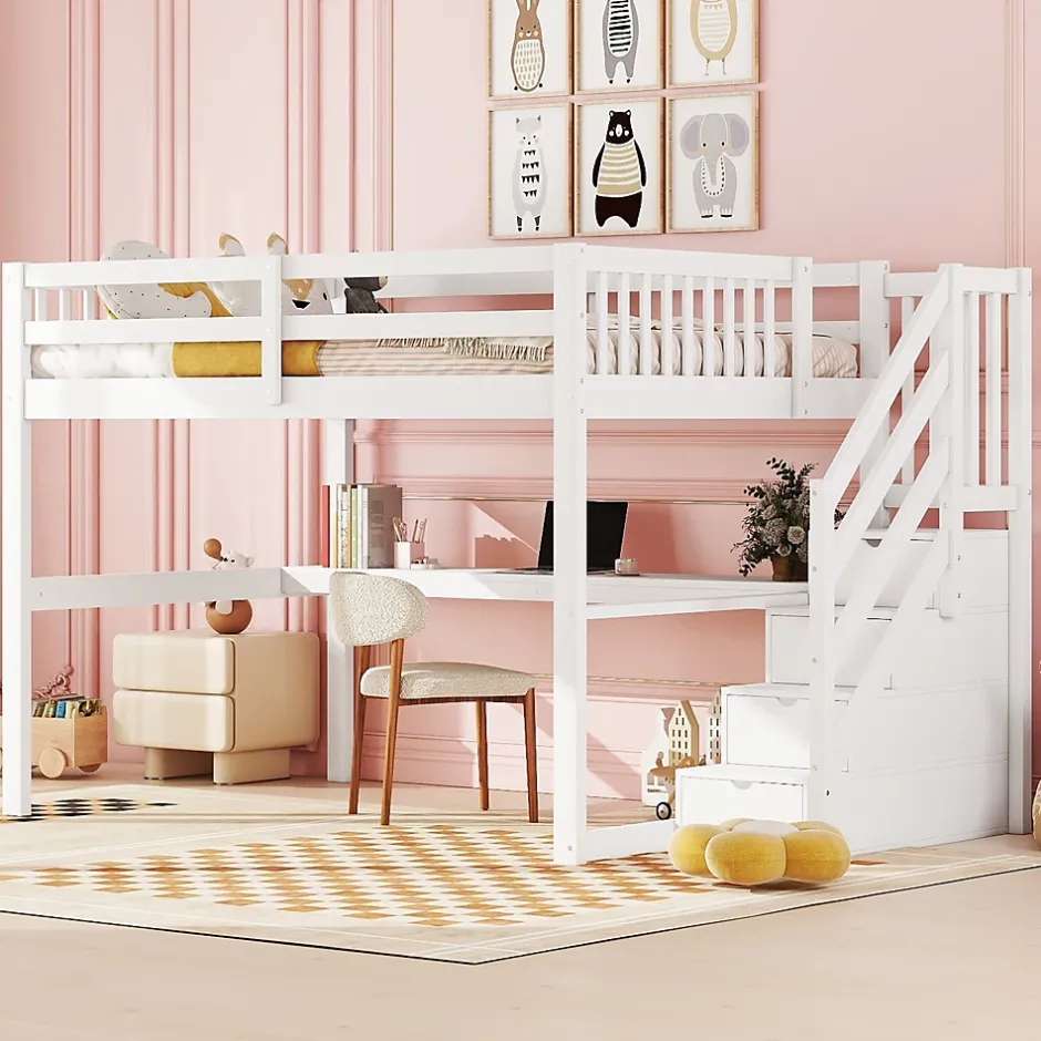Fortuna lai Lit Haut 140x200cm, Rangement, Bureau, Échelle, Sans Matelas, Blanc