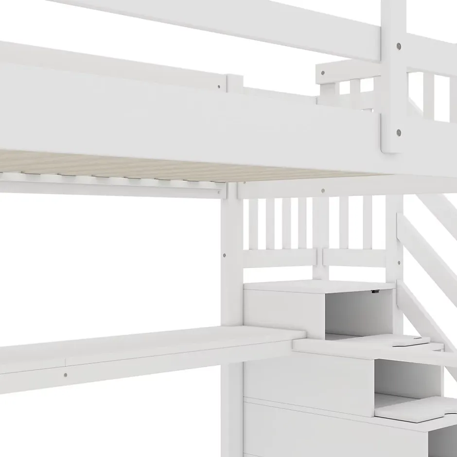 Fortuna lai Lit Haut 140x200cm, Rangement, Bureau, Échelle, Sans Matelas, Blanc