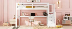 Fortuna lai Lit Haut 140x200cm, Rangement, Bureau, Échelle, Sans Matelas, Blanc