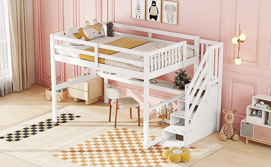 Fortuna lai Lit Haut 140x200cm, Rangement, Bureau, Échelle, Sans Matelas, Blanc