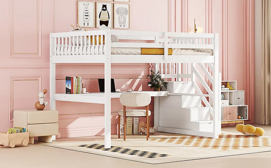 Fortuna lai Lit Haut 140x200cm, Rangement, Bureau, Échelle, Sans Matelas, Blanc
