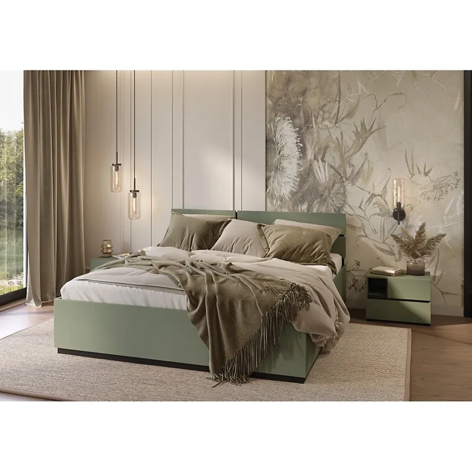Meublorama Lit HAVANA 160x200 avec sommier Coloris vert sauge et noir Design moderne et structure robuste Sale