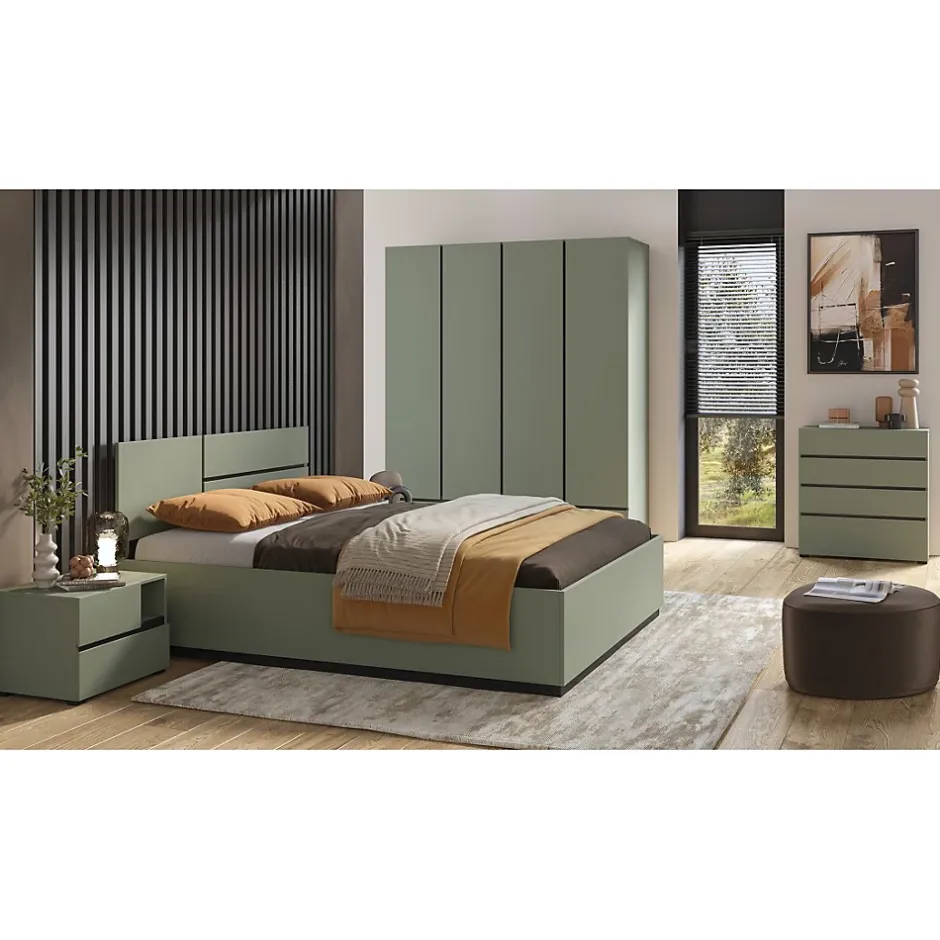 Meublorama Lit HAVANA 160x200 avec sommier Coloris vert sauge et noir Design moderne et structure robuste Sale