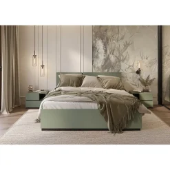 Meublorama Lit HAVANA 160x200 avec sommier Coloris vert sauge et noir Design moderne et structure robuste Sale