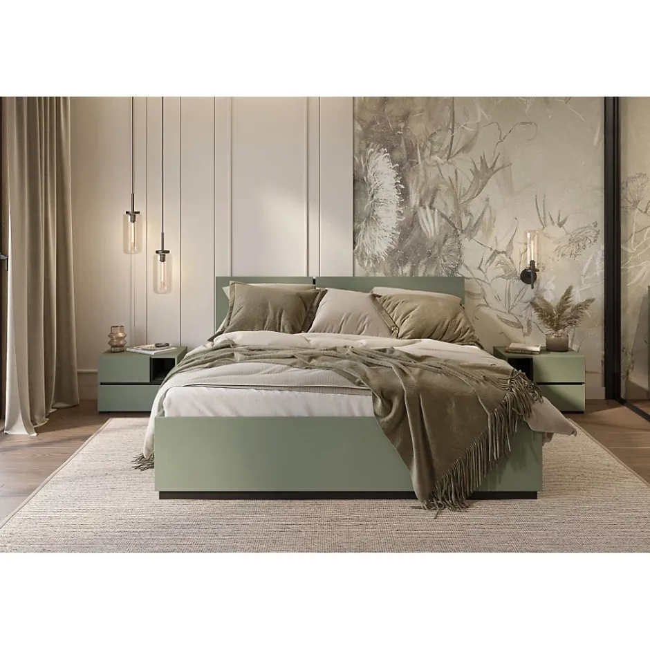 Meublorama Lit HAVANA 160x200 avec sommier Coloris vert sauge et noir Design moderne et structure robuste Sale