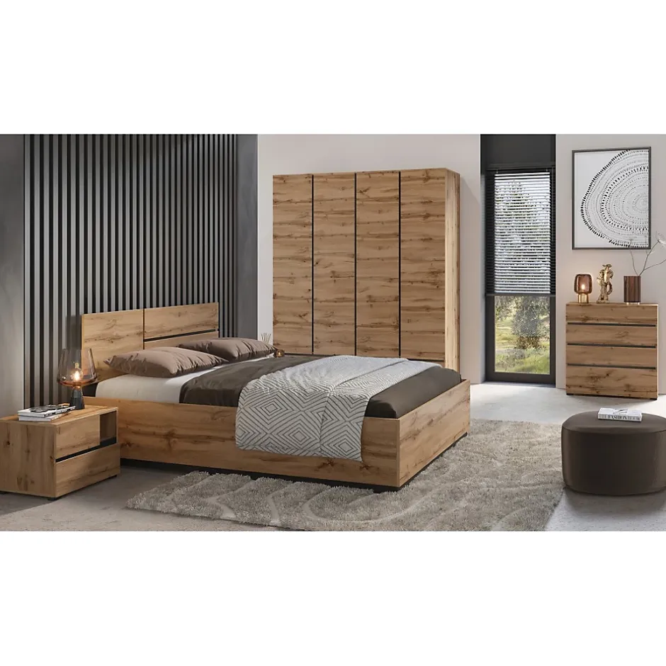 Meublorama Lit HAVANA 180x200 chene et noir avec sommier Style naturel et couchage grand confort Online