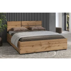 Meublorama Lit HAVANA 180x200 cm chene et noir Grand lit moderne pour chambre naturelle Outlet