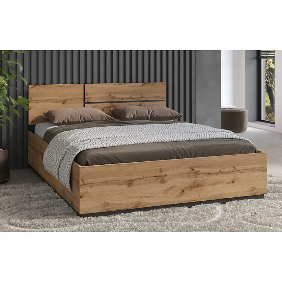 Meublorama Lit HAVANA 180x200 cm chene et noir Grand lit moderne pour chambre naturelle Outlet