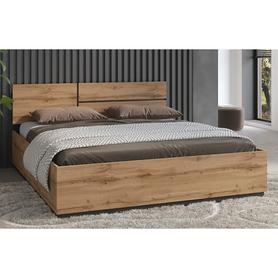 Meublorama Lit HAVANA 180x200 cm chene et noir Grand lit moderne pour chambre naturelle Outlet
