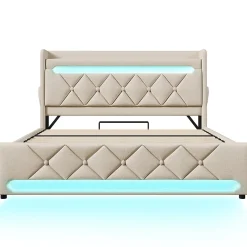 Gutent Lit hydraulique 140x200cm, lit double, espace de rangement en tête de lit avec port usb et type c, lin, beige, avec matelas