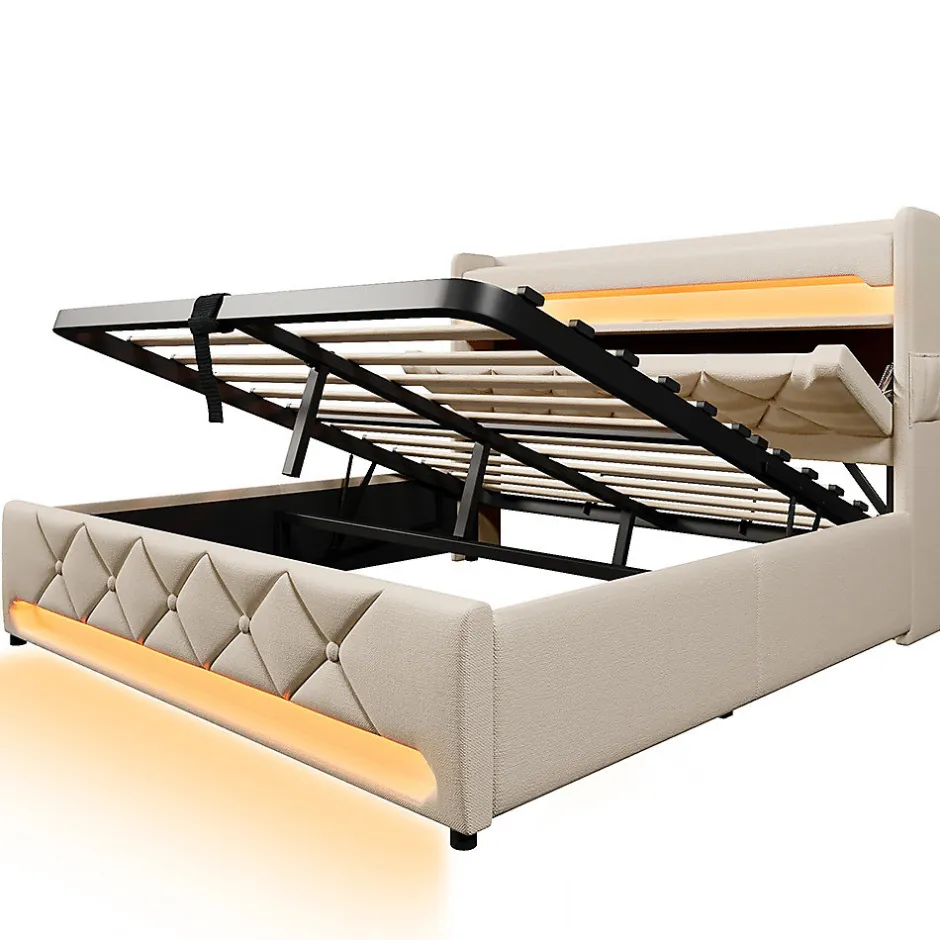 Gutent Lit hydraulique 140x200cm, lit double, espace de rangement en tête de lit avec port usb et type c, lin, beige, avec matelas