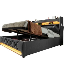 Gutent Lit hydraulique 140x200cm, lit double, espace de rangement en tête de lit avec port usb et type c, lin, gris, avec matelas