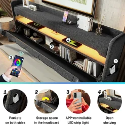 Gutent Lit hydraulique 140x200cm, lit double, espace de rangement en tête de lit avec port usb et type c, lin, gris, avec matelas