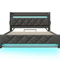 Gutent Lit hydraulique 140x200cm, lit double, espace de rangement en tête de lit avec port usb et type c, lin, gris, avec matelas