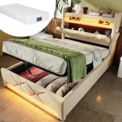 Gutent Lit hydraulique 90x200cm, Single, espace de rangement en tête de lit avec port usb et type c, lin, beige, avec matelas