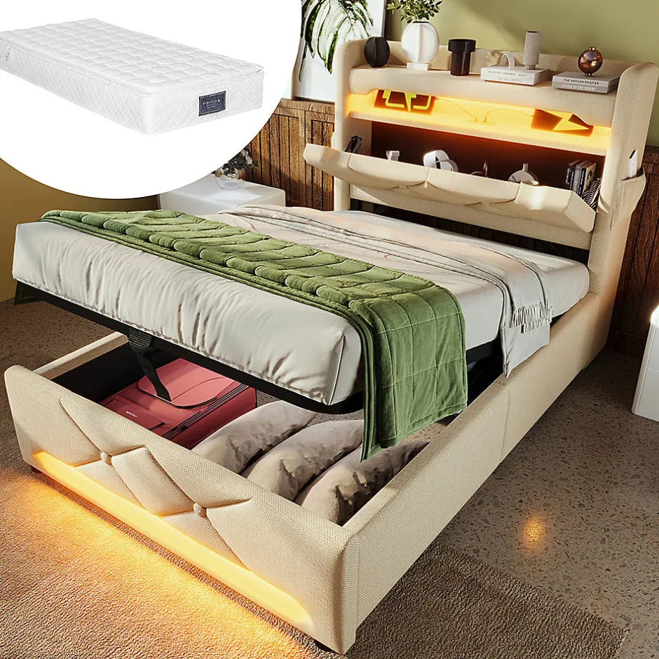 Gutent Lit hydraulique 90x200cm, Single, espace de rangement en tête de lit avec port usb et type c, lin, beige, avec matelas