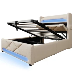Gutent Lit hydraulique 90x200cm, Single, espace de rangement en tête de lit avec port usb et type c, lin, beige, avec matelas