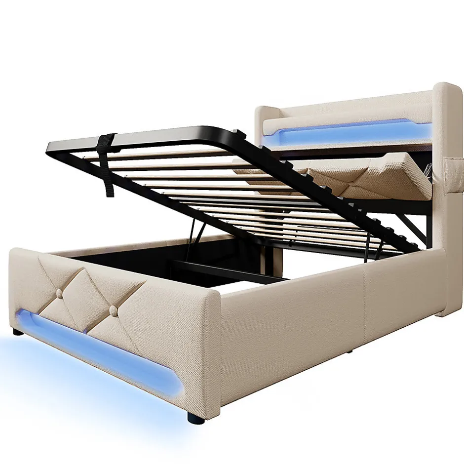 Gutent Lit hydraulique 90x200cm, Single, espace de rangement en tête de lit avec port usb et type c, lin, beige, avec matelas
