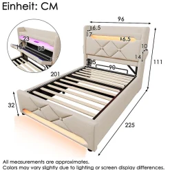 Gutent Lit hydraulique 90x200cm, Single, espace de rangement en tête de lit avec port usb et type c, lin, beige, avec matelas