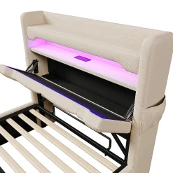 Gutent Lit hydraulique 90x200cm, Single, espace de rangement en tête de lit avec port usb et type c, lin, beige, avec matelas