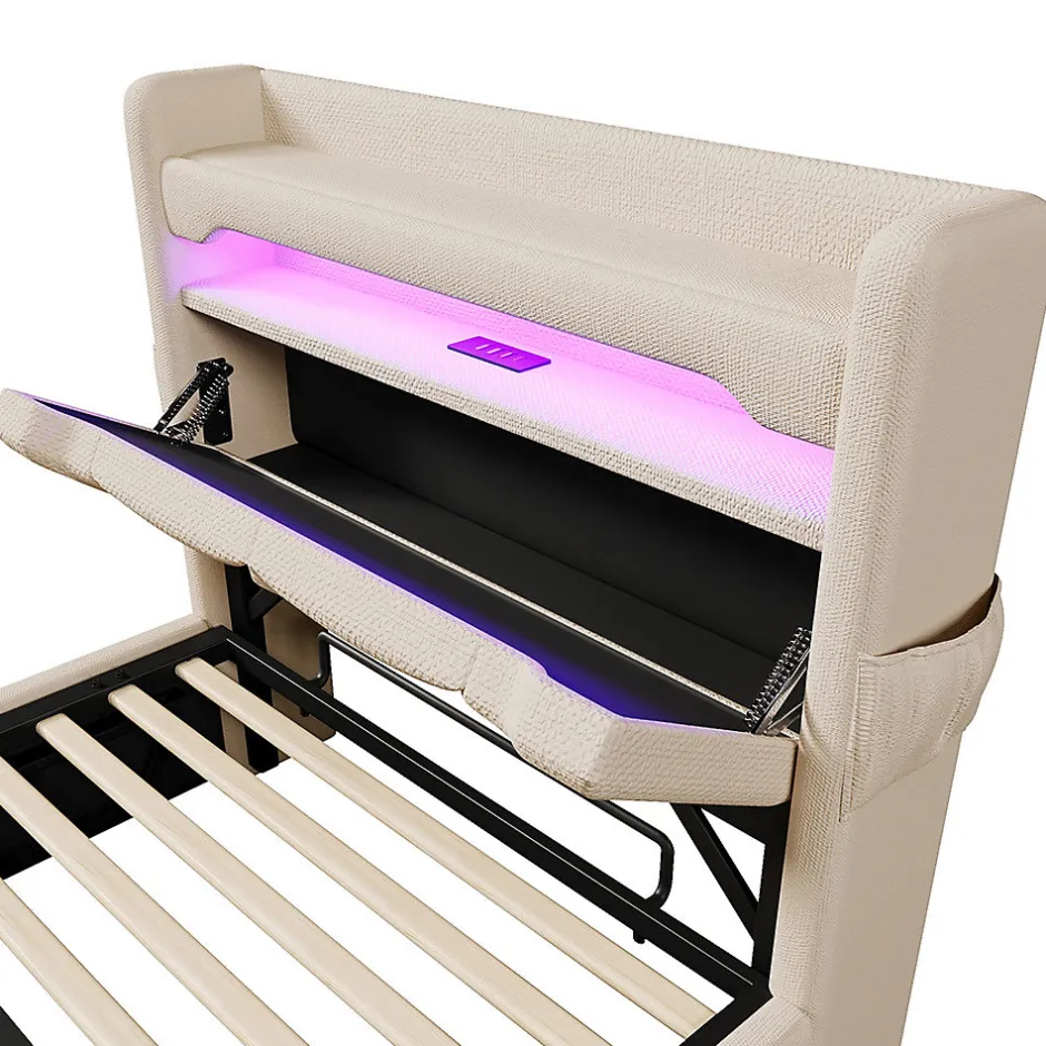 Gutent Lit hydraulique 90x200cm, Single, espace de rangement en tête de lit avec port usb et type c, lin, beige, avec matelas