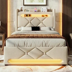 Gutent Lit hydraulique 90x200cm, Single, espace de rangement en tête de lit avec port usb et type c, lin, beige, avec matelas