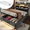 Gutent Lit hydraulique 90x200cm, Single, espace de rangement, tête de lit avec port usb et type c, lin,gris,avec matelas