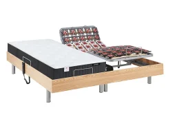 Vente-unique Lit électrique de relaxation tout plots + matelas ressorts ensachés et mémoire forme - 2 x 70 x 190 cm - Chêne - PHANES de YSMÉE