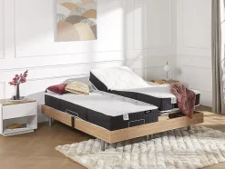 Vente-unique Lit électrique de relaxation tout plots + matelas ressorts ensachés et mémoire forme - 2 x 70 x 190 cm - Chêne - PHANES de YSMÉE