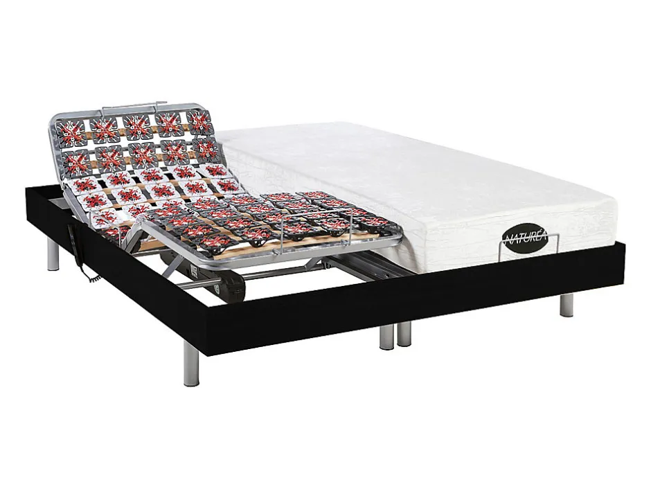 Vente-unique Lit électrique de relaxation tout plots + matelas mémoire de forme et bambou - 2 x 80 x 200 cm - Noir - LYSIS III de NATUREA