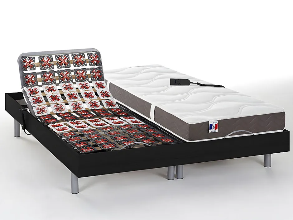 Vente-unique Lit électrique de relaxation tout plots + matelas 100% latex 3 zones - 2 x 70 x 190 cm - Noir - JUPITER de YSMÉE