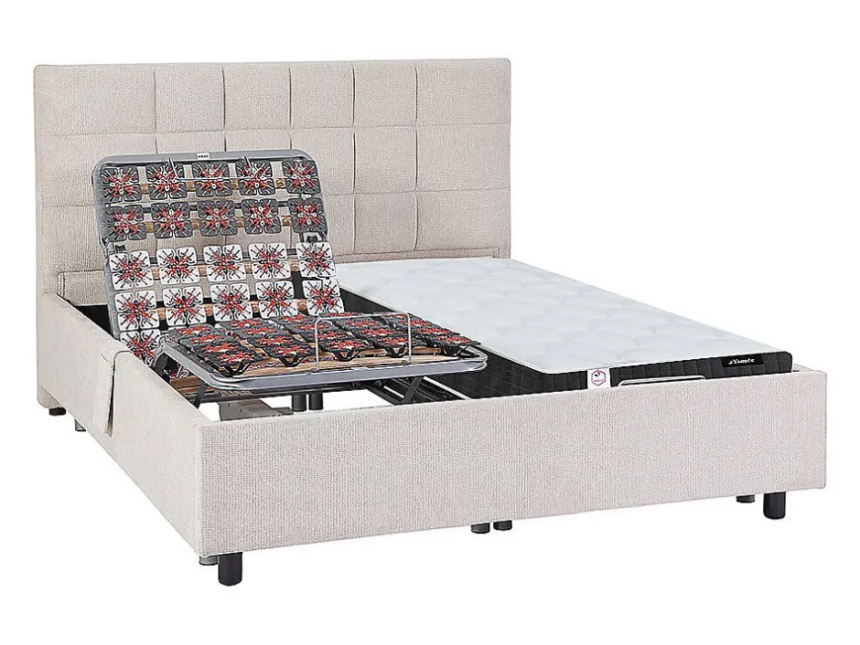 Vente-unique Lit électrique de relaxation déco tout plots + matelas ressorts ensachés et mémoire de forme - 2 x 70 x 190 cm - Tissu - Beige -