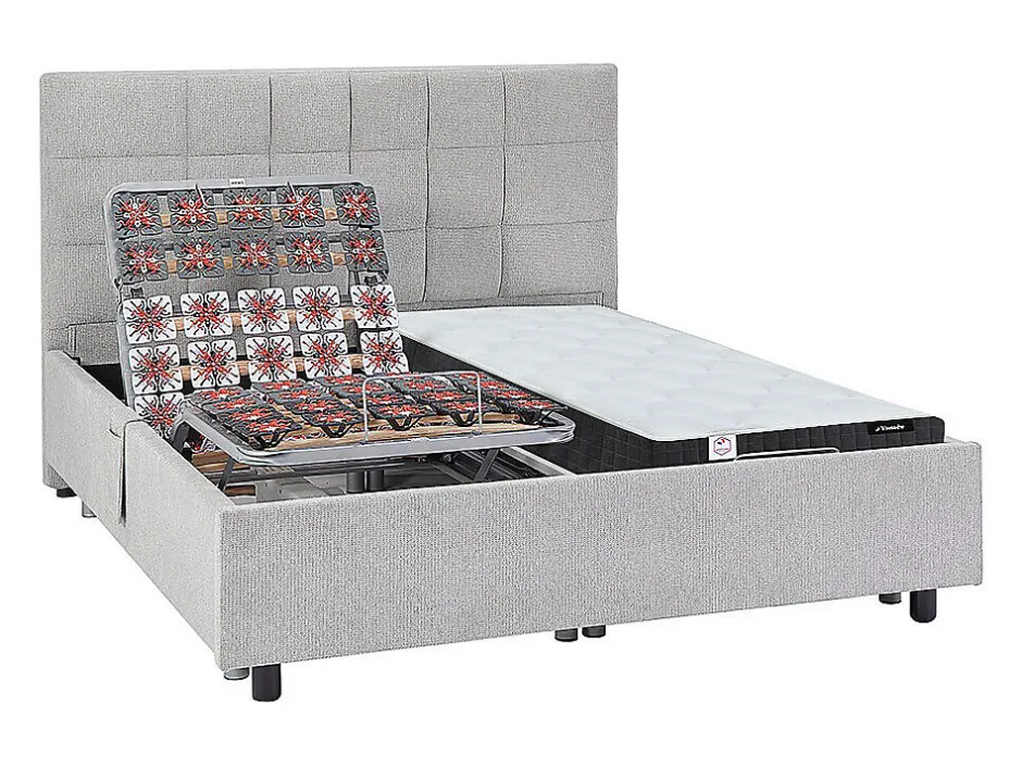 Vente-unique Lit électrique de relaxation déco tout plots + matelas ressorts ensachés et mémoire de forme - 2 x 70 x 190 cm - Tissu - Gris -