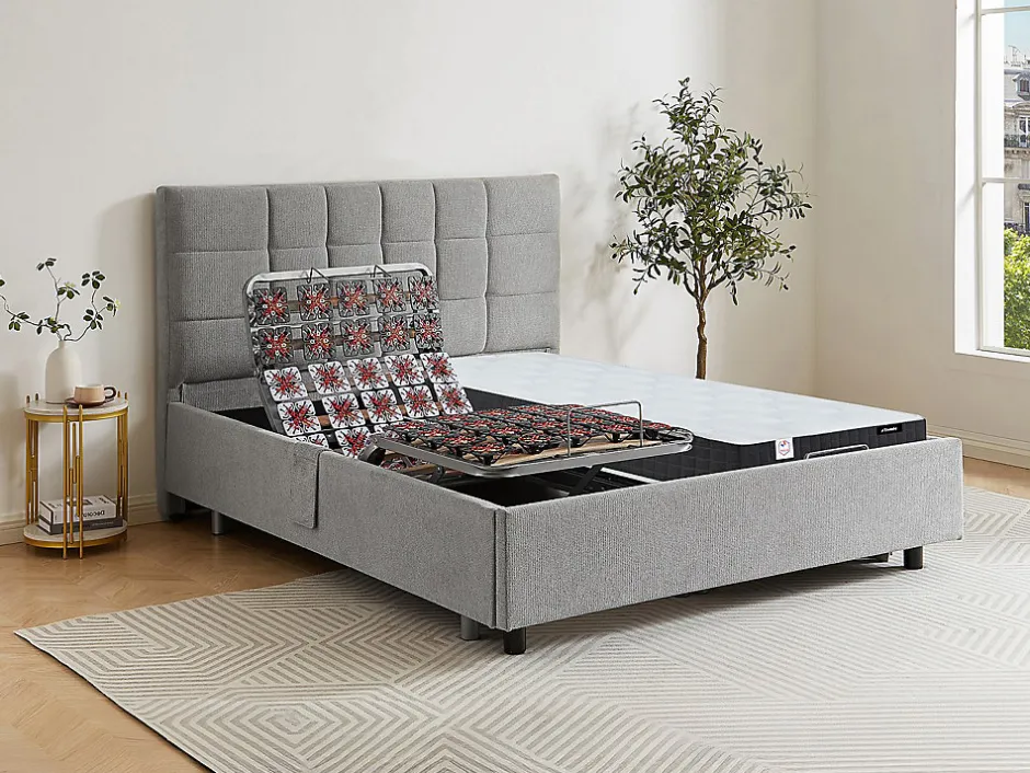 Vente-unique Lit électrique de relaxation déco tout plots + matelas ressorts ensachés et mémoire de forme - 2 x 70 x 190 cm - Tissu - Gris -