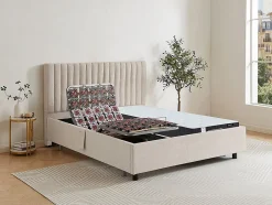Vente-unique Lit électrique de relaxation déco tout plots + matelas ressorts ensachés et mémoire de forme - 2 x 80 x 200 cm - Tissu - Beige - Discount
